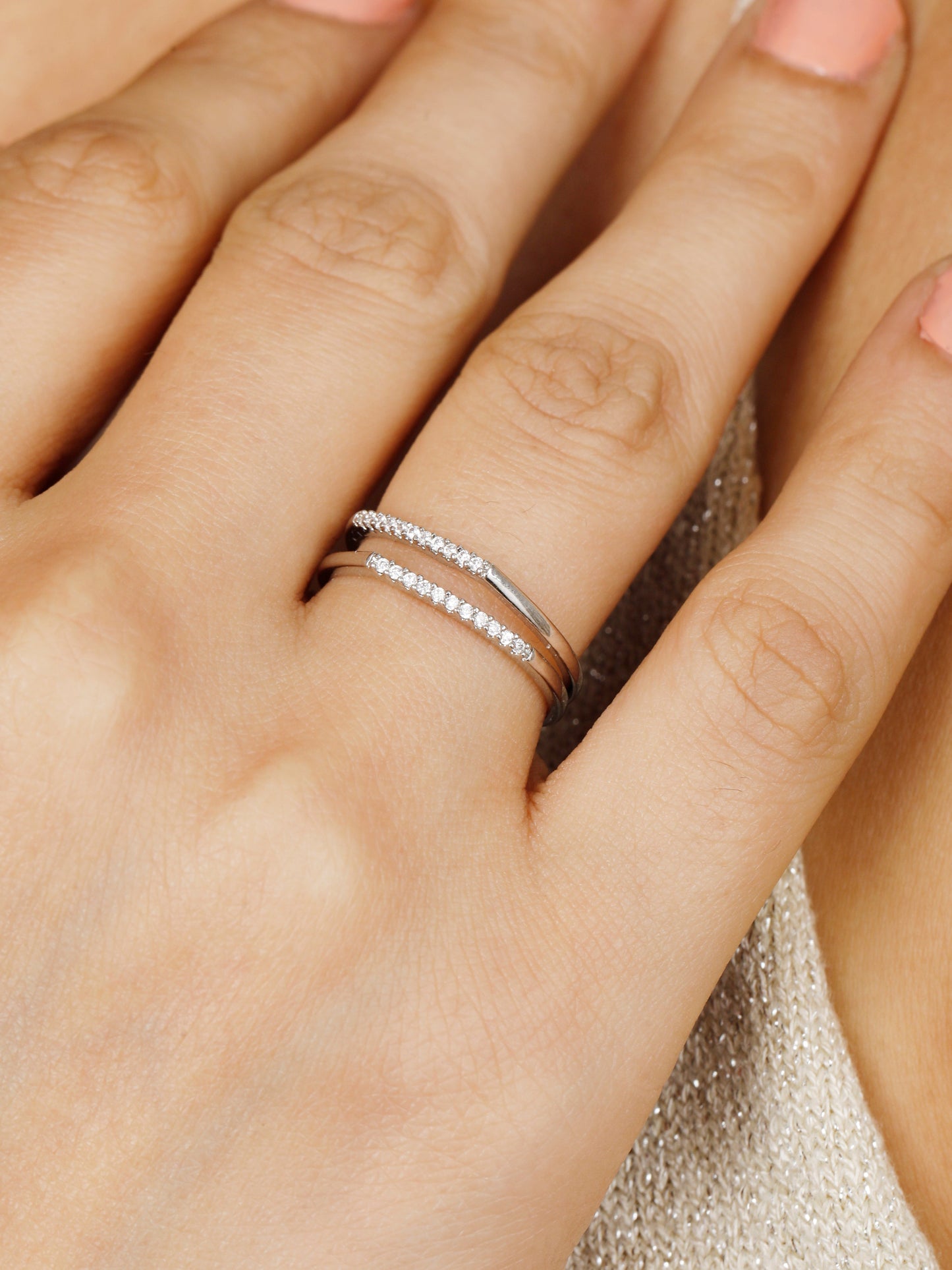 Simple Double Stack Stoned Silver Ring