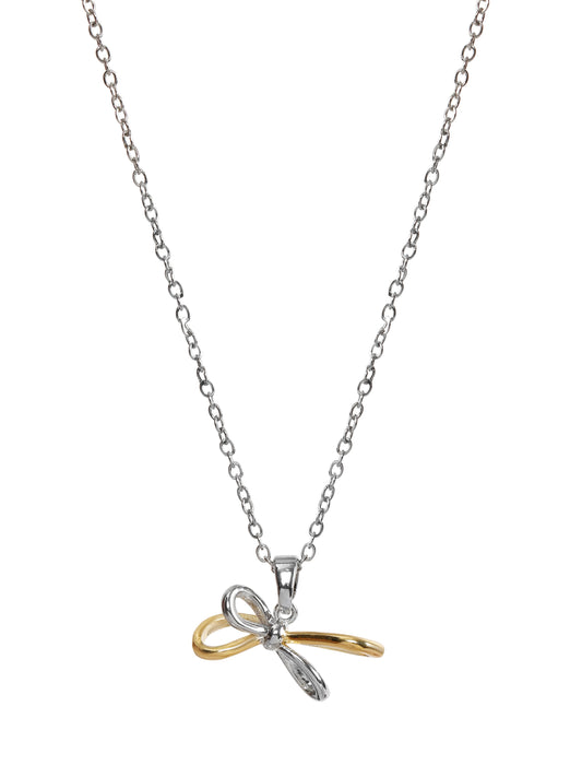 Solid Gold And White Stone Bow Pendant And Chain
